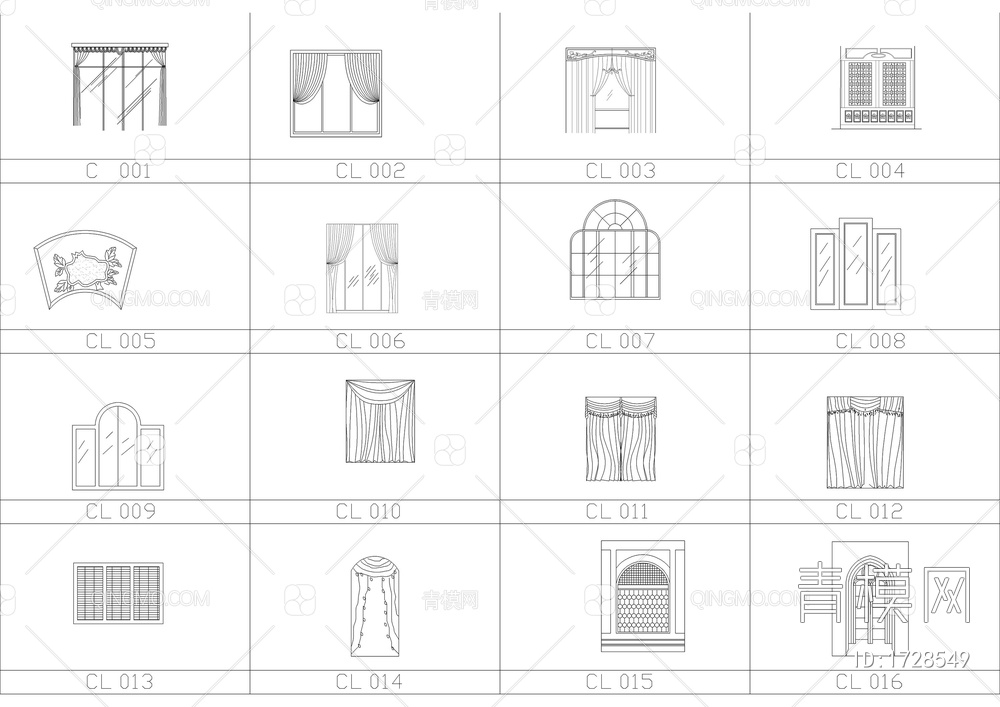常用百款窗帘CAD图库【ID:1728549】