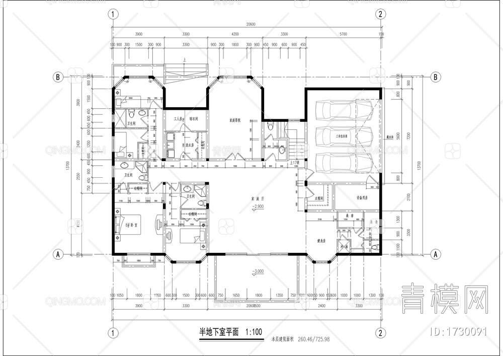 三层七百二十平豪华别墅全套建筑结构图【ID:1730091】