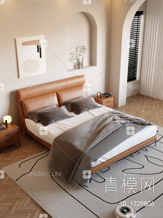 奶油风家居卧室 双人床3D模型下载【ID:1729806】