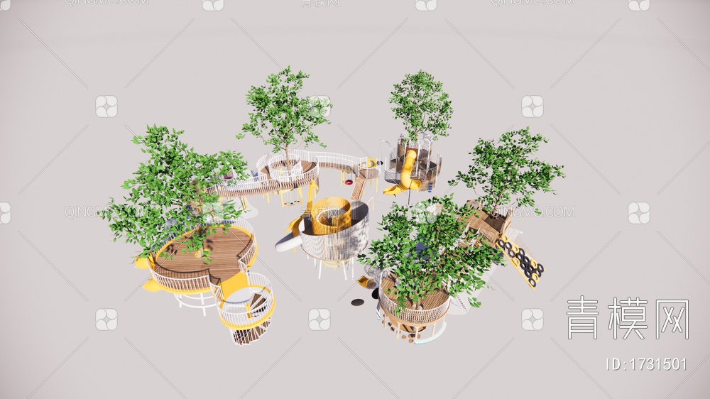 儿童器材组合 树屋 户外观景 滑梯 活动区 攀爬架 观景平台SU模型下载【ID:1731501】