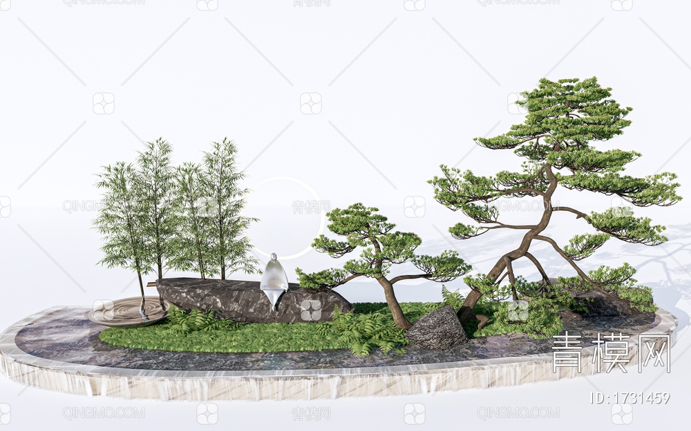 庭院小品 景观植物 植物组合 枯山水 禅意景观SU模型下载【ID:1731459】