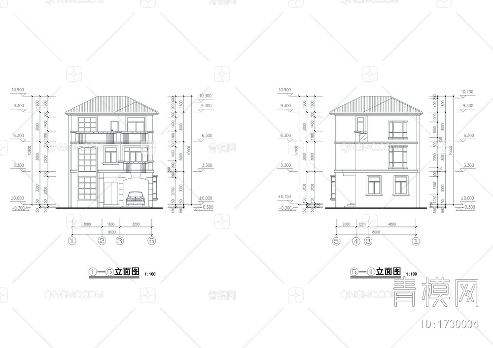 三层别墅建筑图【ID:1730034】