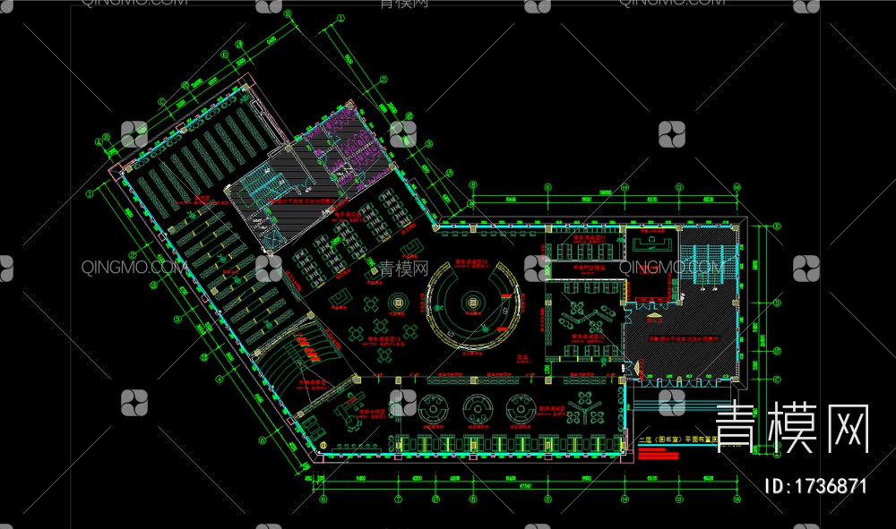 1500㎡图书馆三个方案平面施工图 图书室 阅读室 书吧 书店【ID:1736871】