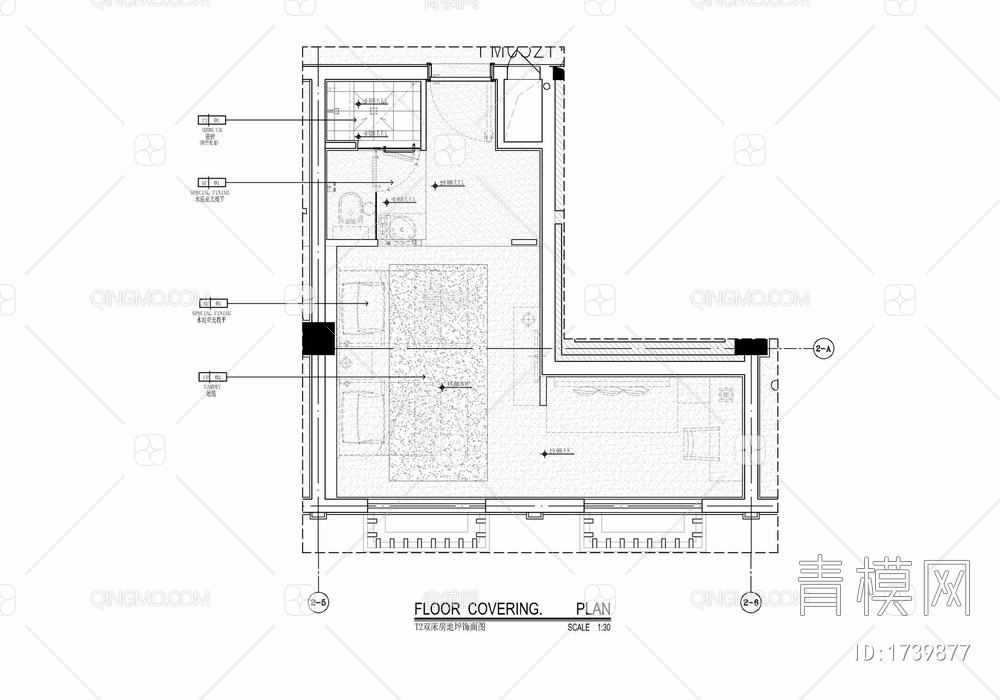 30㎡酒店双人间客房施工图 酒店客房 双床房 标准间 套房【ID:1739877】