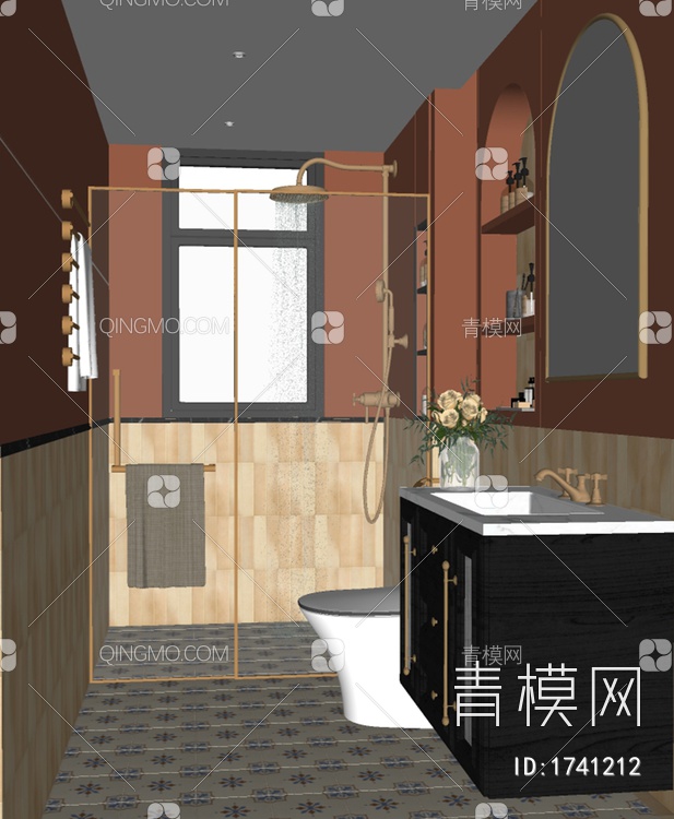 中古风卫生间 浴室SU模型下载【ID:1741212】