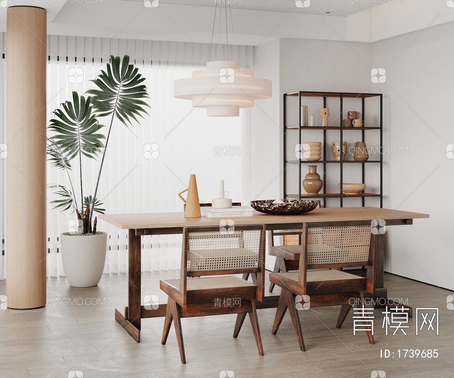 餐厅，餐桌椅，吊灯，餐边柜，橱柜，盆栽3D模型下载【ID:1739685】