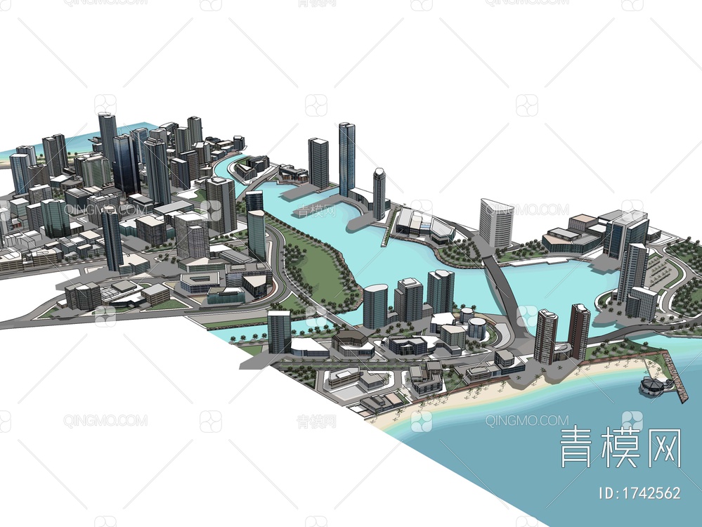 大型滨水城市规划景观SU模型下载【ID:1742562】