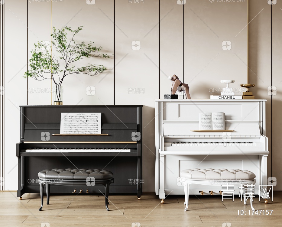 钢琴组合 木质钢琴  烤漆钢琴 钢琴凳 金属摆件 琴谱3D模型下载【ID:1747157】