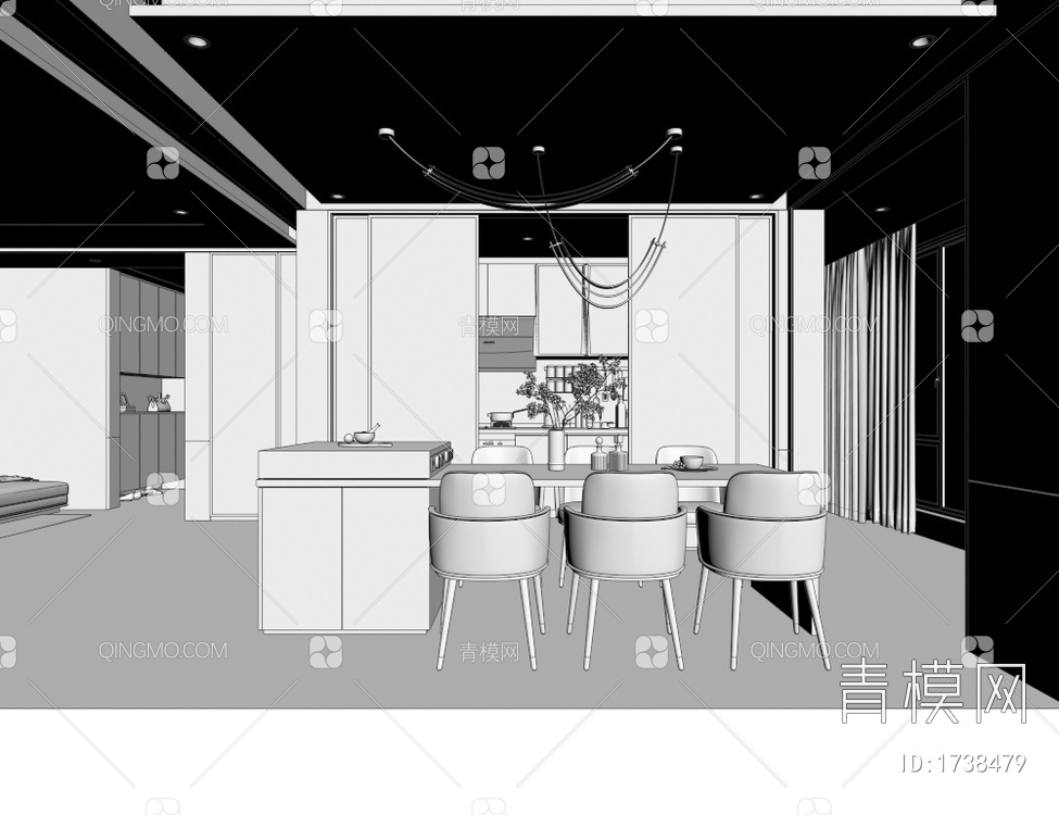 客餐厅 厨房中岛台3D模型下载【ID:1738479】