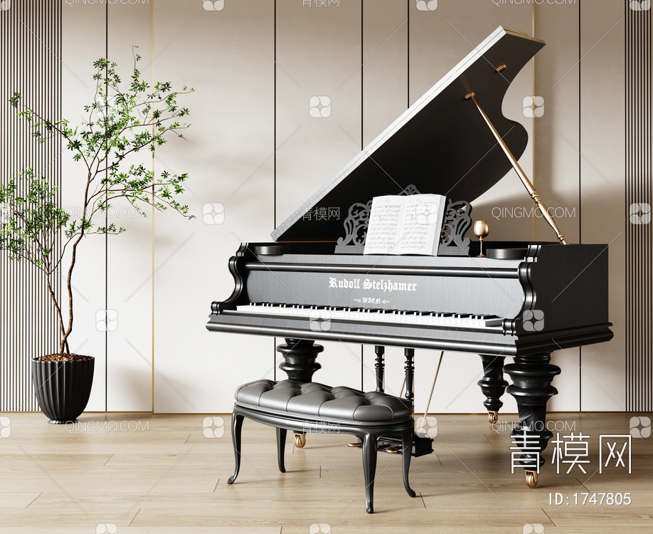 钢琴组合 木质钢琴  烤漆钢琴 钢琴凳 琴谱3D模型下载【ID:1747805】