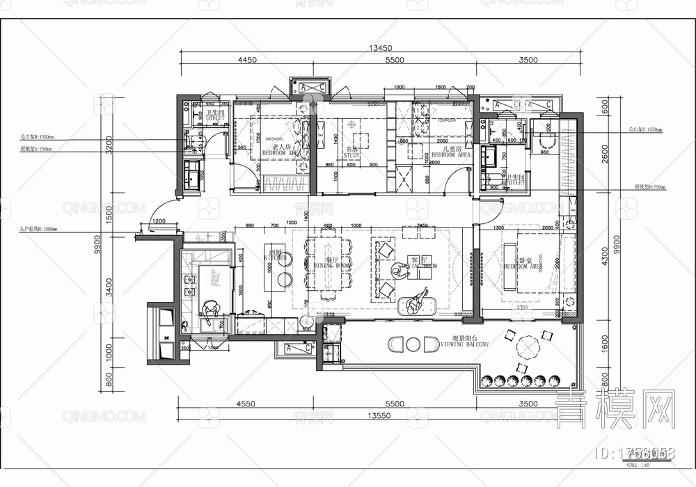 120㎡四居室家装室内施工图 私宅 平层 家装 样板房【ID:1753058】