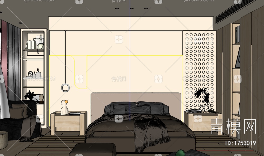 奶油原木风造型灯带卧室SU模型下载【ID:1753019】