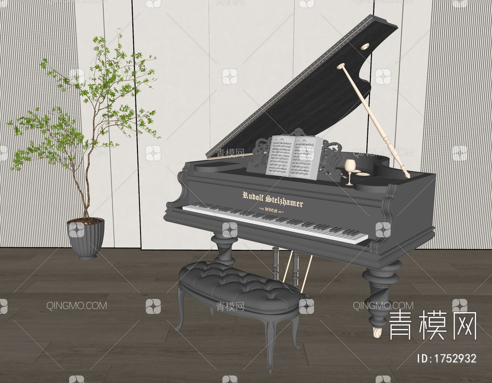 烤漆钢琴SU模型下载【ID:1752932】