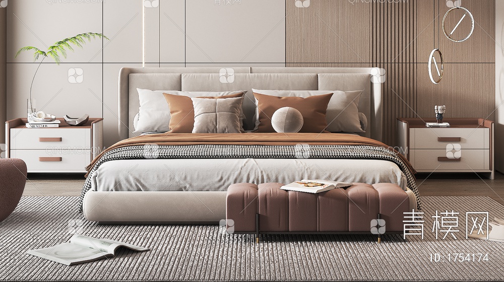 家居卧室 床 卧室 卧室 奶油风卧室 曲面沙发 床组合3D模型下载【ID:1754174】