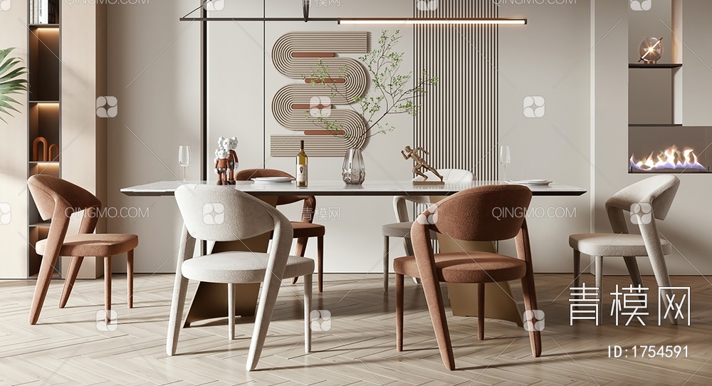 餐厅 餐桌 桌椅组合 吊灯装饰品 挂画 绿植 壁炉3D模型下载【ID:1754591】