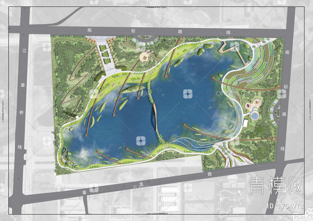 滨水公园湿地公园园林景观彩色平面图免抠psdpsd下载【ID:1754912】