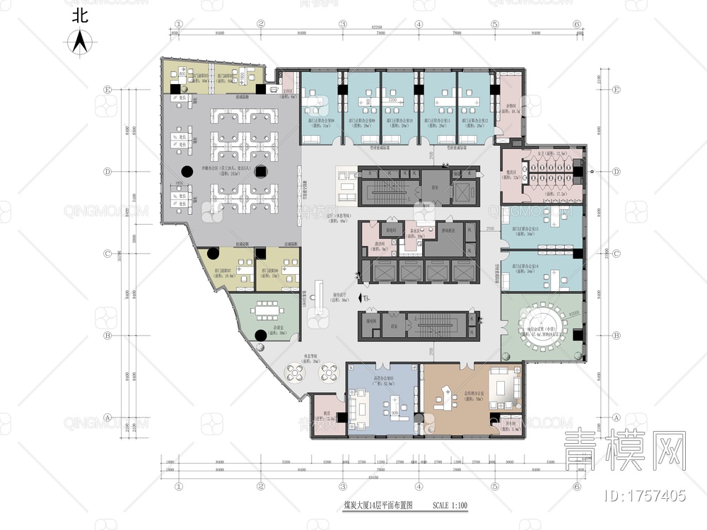 煤炭大厦13F~20F办公室平面图 办公 会议 独立办公室 开敞办公 办公楼【ID:1757405】