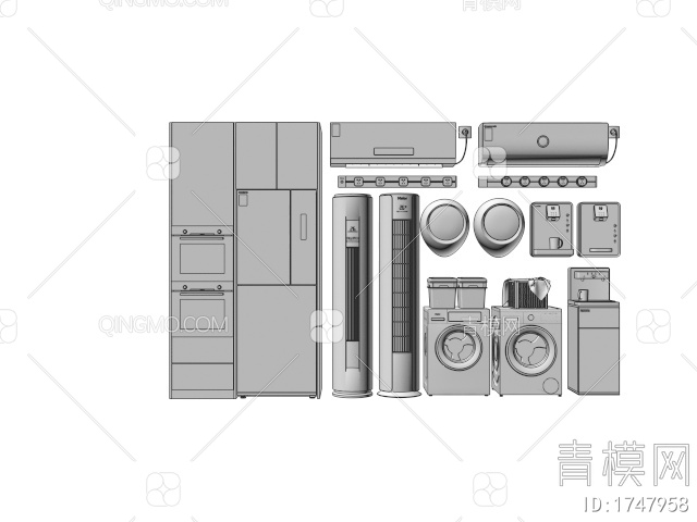 电器组合 嵌入式冰箱 空调 洗衣机 饮水机3D模型下载【ID:1747958】