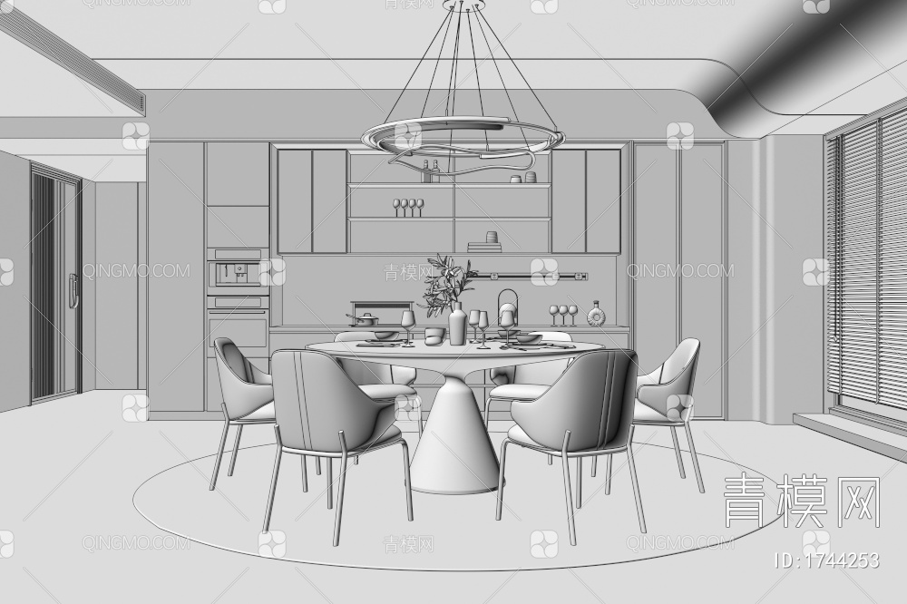 Minotti餐厅 餐桌椅 单人椅 桌椅组合 吊灯3D模型下载【ID:1744253】