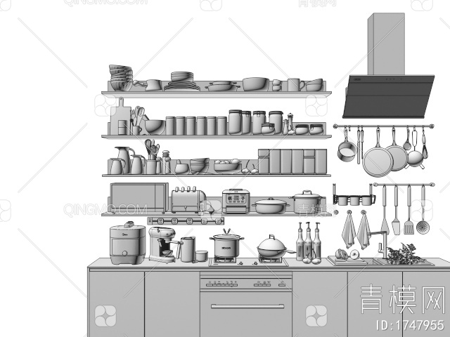 厨房用品组合 厨房器具 电饭煲 调料瓶 锅碗瓢盆 油烟机3D模型下载【ID:1747955】