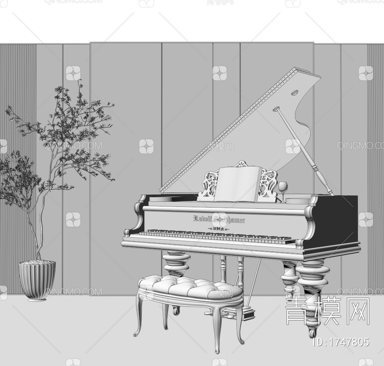 钢琴组合 木质钢琴  烤漆钢琴 钢琴凳 琴谱3D模型下载【ID:1747805】