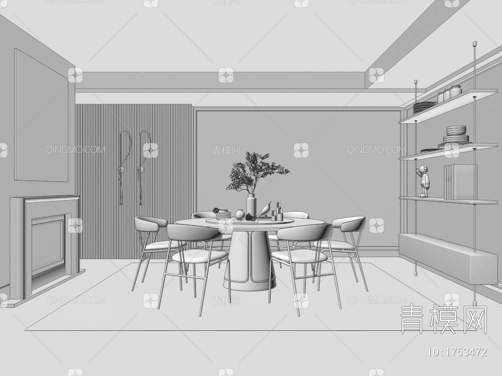 Minotti餐厅 餐桌椅 圆形餐桌 餐椅 椅子 背景墙 壁炉3D模型下载【ID:1753472】
