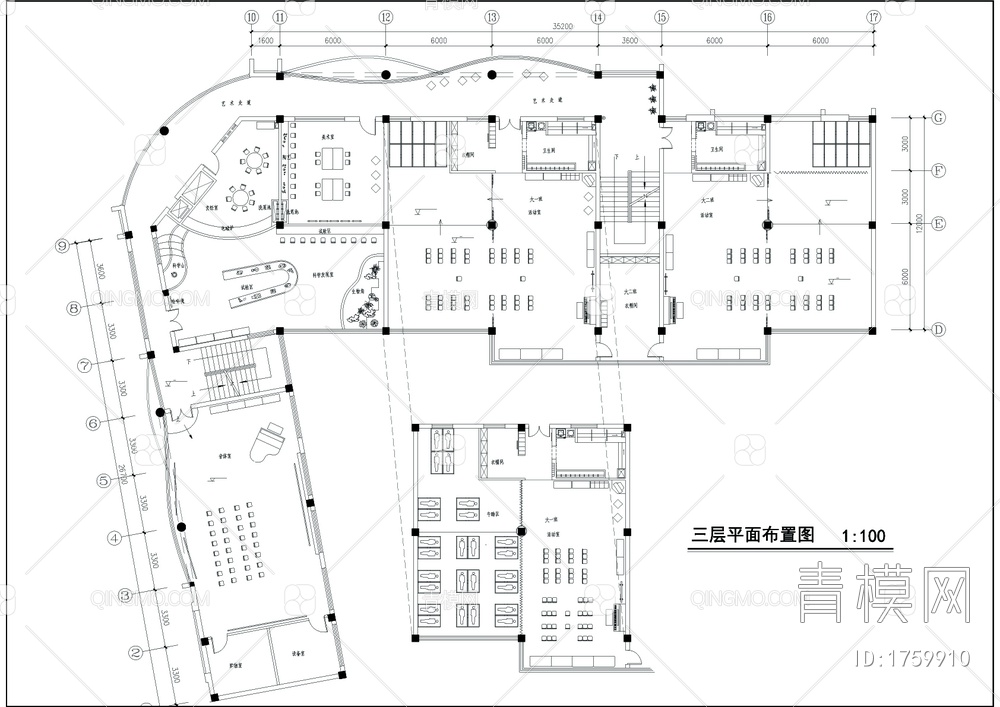 转角L型幼儿园装修平面CAD图【ID:1759910】