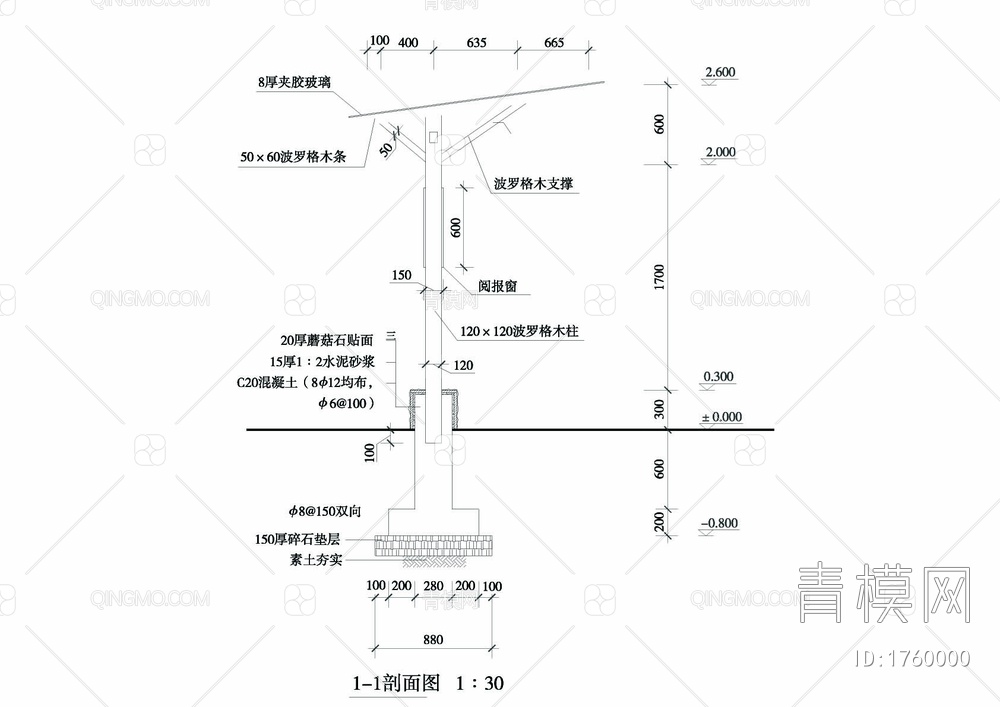 阅报栏剖立面cad图【ID:1760000】