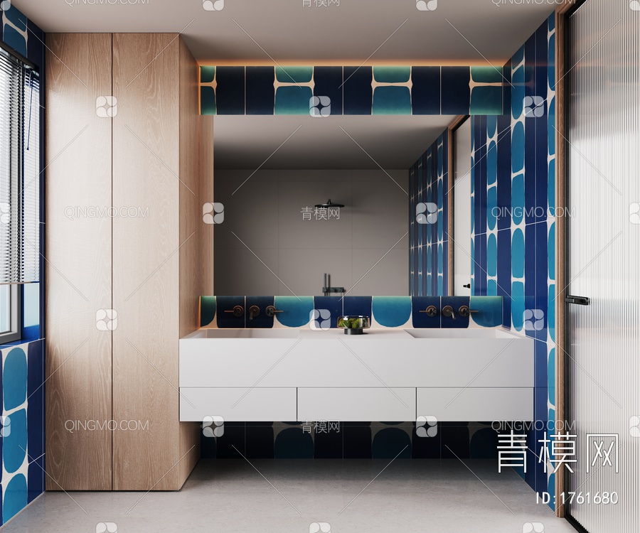 卫生间，镜子，洗手台，彩色瓷砖3D模型下载【ID:1761680】