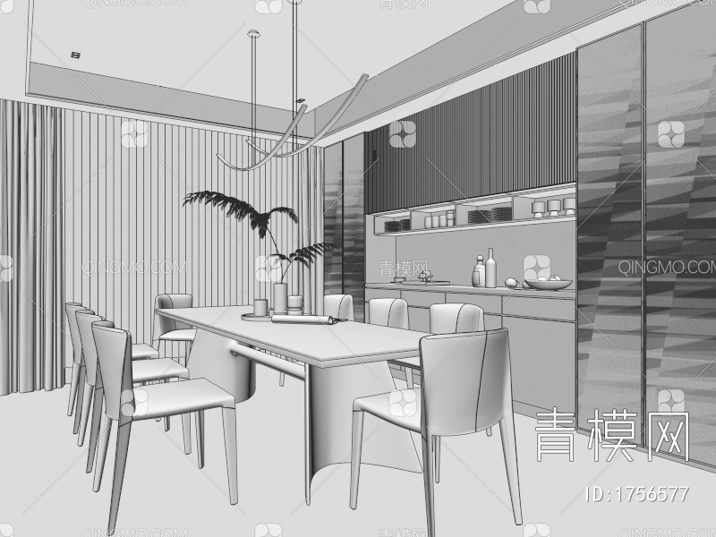 餐厅 餐桌椅 玻璃柜 书柜 画 吧台 酒柜 奶油风餐厅 吊灯 岛台3D模型下载【ID:1756577】
