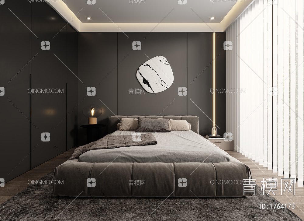 卧室，黑白灰卧室，主卧3D模型下载【ID:1764173】