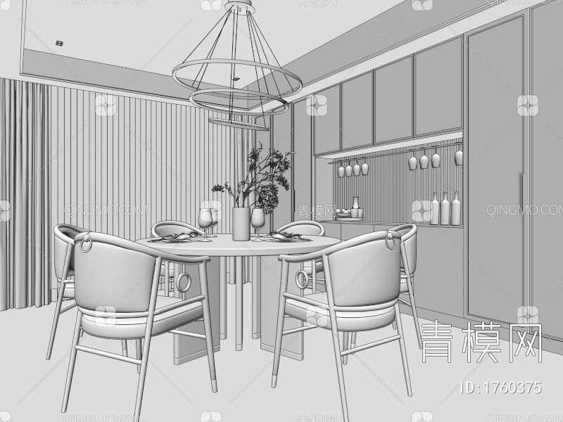 餐厅 餐桌椅 玻璃柜 书柜 酒柜 餐厅 吊灯3D模型下载【ID:1760375】