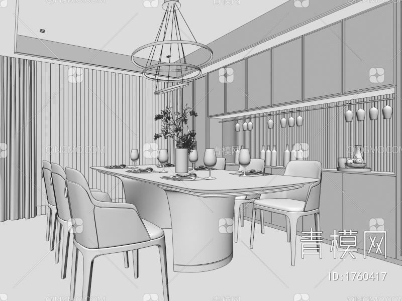 餐厅 餐桌椅 玻璃柜 书柜 酒柜 餐厅 吊灯3D模型下载【ID:1760417】