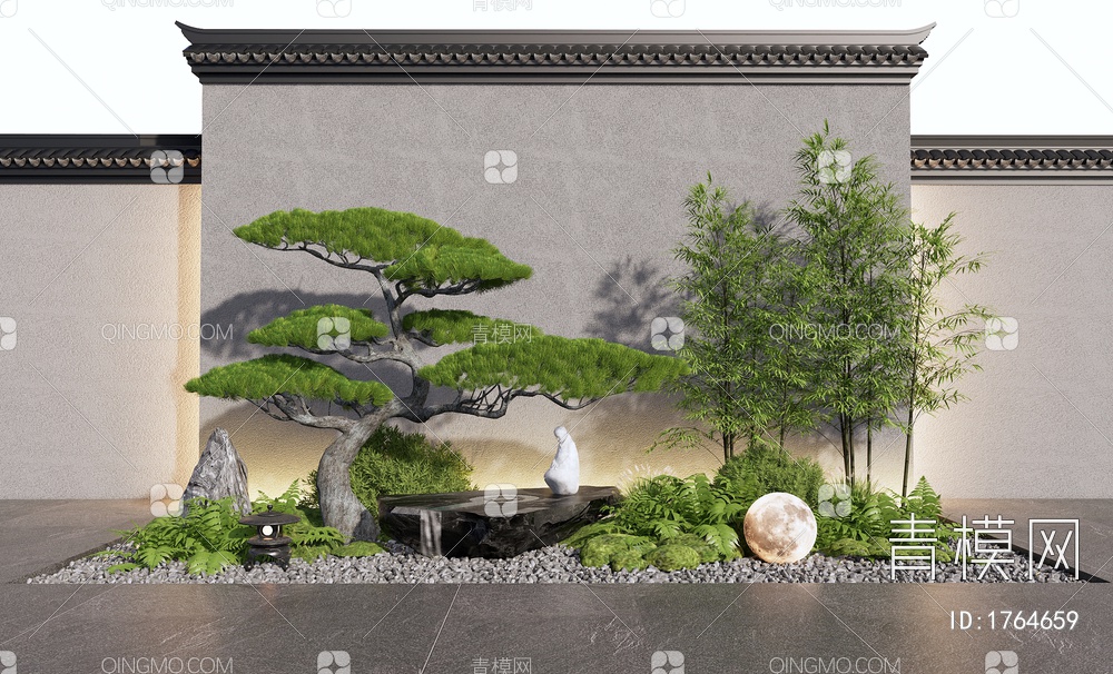 庭院景观小品 景墙 松树 景观造景 植物景观 竹子 灌木3D模型下载【ID:1764659】