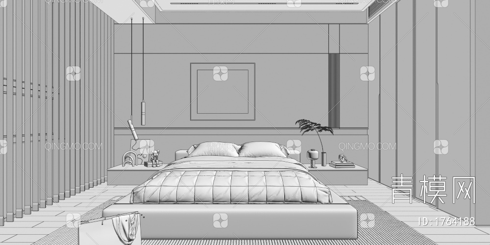 卧室，黑白灰卧室，主卧3D模型下载【ID:1764188】