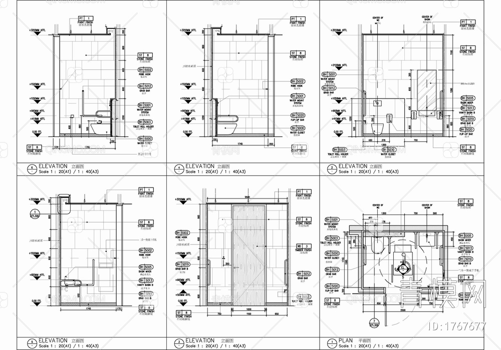 70㎡公共卫生间室内施工图 厕所 卫生间 公厕 残疾人卫生间 残卫【ID:1767677】