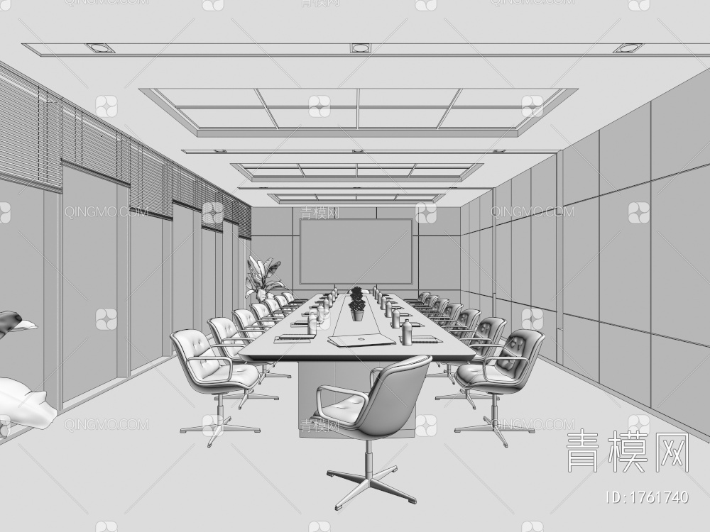 会议室 会议桌椅 会议桌 办公椅 百叶窗 液晶屏 会议室 会议桌椅组合3D模型下载【ID:1761740】