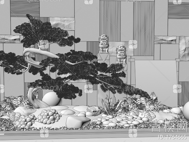 天井景观造景 庭院小品 松树石头景观造景 水钵 苔藓 景观石 迎客松3D模型下载【ID:1764665】
