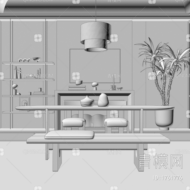 餐厅 餐桌椅，吊灯，餐边柜，橱柜，盆栽，壁炉3D模型下载【ID:1761776】