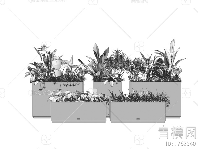 植物盆栽 绿植花箱 移动花箱 花池花坛 植物组合3D模型下载【ID:1762340】