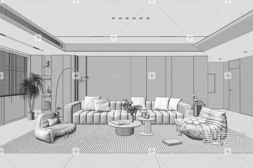 家居客厅 茶几 落地灯 组合沙发 极简客厅3D模型下载【ID:1764569】