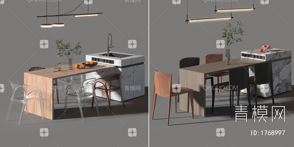 中岛餐桌椅组合 餐厅吊灯3D模型下载【ID:1768997】