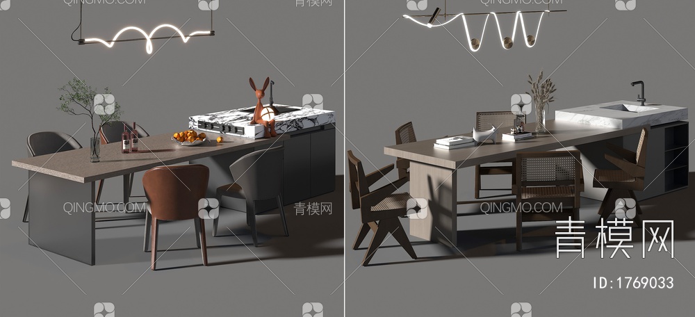 中岛餐桌椅组合 餐厅吊灯3D模型下载【ID:1769033】