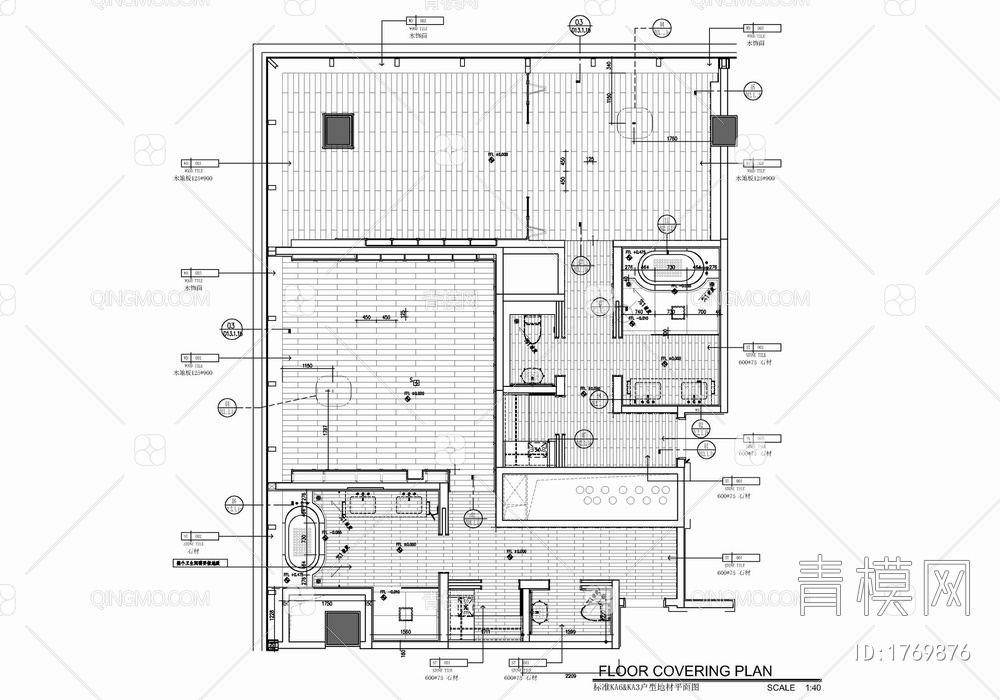 酒店豪华客房大床房室内施工图 酒店客房 套房 大床【ID:1769876】