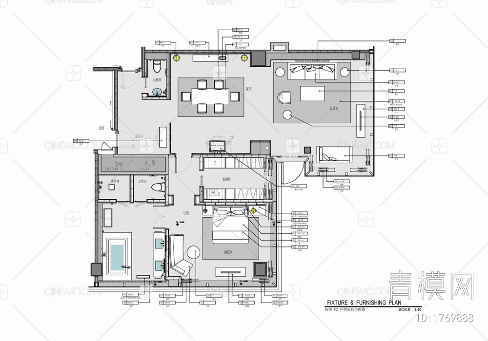 150㎡酒店豪华客房套房室内施工图 酒店客房 套房 大床房【ID:1769888】