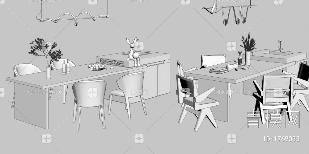 中岛餐桌椅组合 餐厅吊灯3D模型下载【ID:1769033】