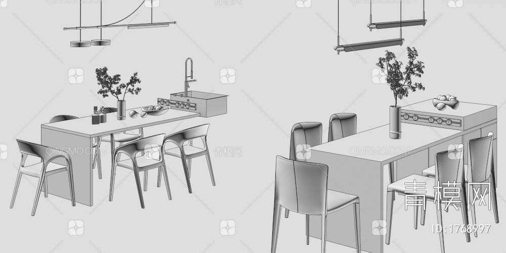 中岛餐桌椅组合 餐厅吊灯3D模型下载【ID:1768997】