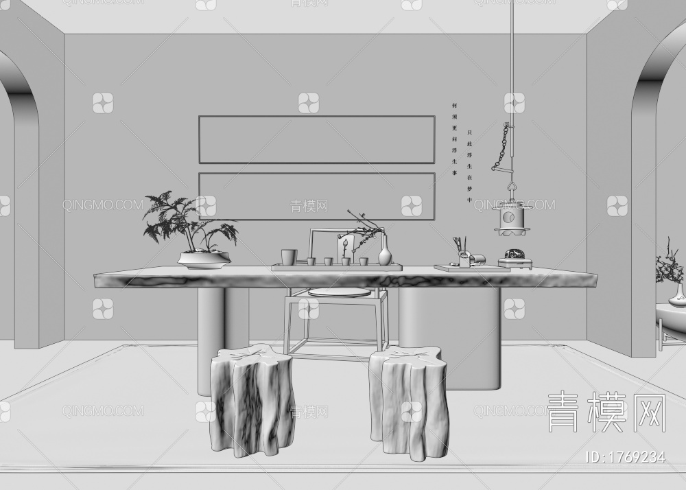 茶桌椅 茶台 字画摆件3D模型下载【ID:1769234】