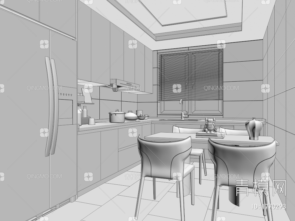 家居厨房 封闭式厨房 橱柜 厨具 冰箱 厨房电器 封闭式厨房3D模型下载【ID:1770293】