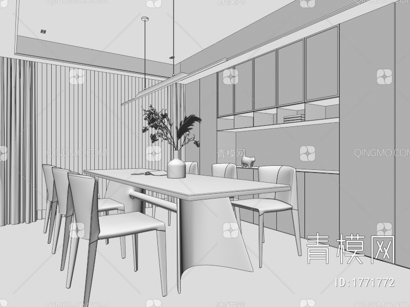 餐厅 餐桌椅 玻璃柜 书柜 画 吧台 酒柜 奶油风餐厅 吊灯 岛台3D模型下载【ID:1771772】